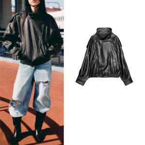 가을 신상 여성용 모터사이클 스타일 PU 가죽 재킷 롱 슬리브 스탠드 칼라 따뜻한 캐주얼 스트레이트 핏 여성 아우터...