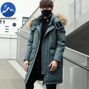 Maxbarley 프리미엄 남성 다운 재킷 모피 칼라 후드 야외 여행 방한 파카 패션 스트리트 편안한 따뜻한 롱 코트