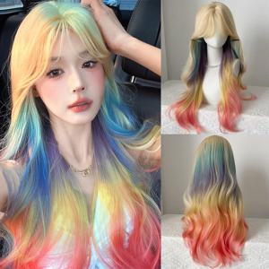 합성 혼합 색상 그라데이션 헤드기어 가발 여성 에어뱅 크리스마스 코스프레 스타일 가발 바이올렛 롱 컬리 헤어