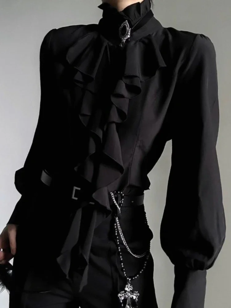 하라주쿠 빈티지 블랙 바텀 셔츠 여성용 스탠드 칼라 러플 슬림 블라우스 일본 빅토리아풍 긴팔 블라우스