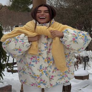 야미니야 패션 두꺼운 여성용 패딩 재킷 오버사이즈 스탠드업 칼라 지퍼 플로럴 프린트 따뜻한 솜털 코트 가을 겨울용