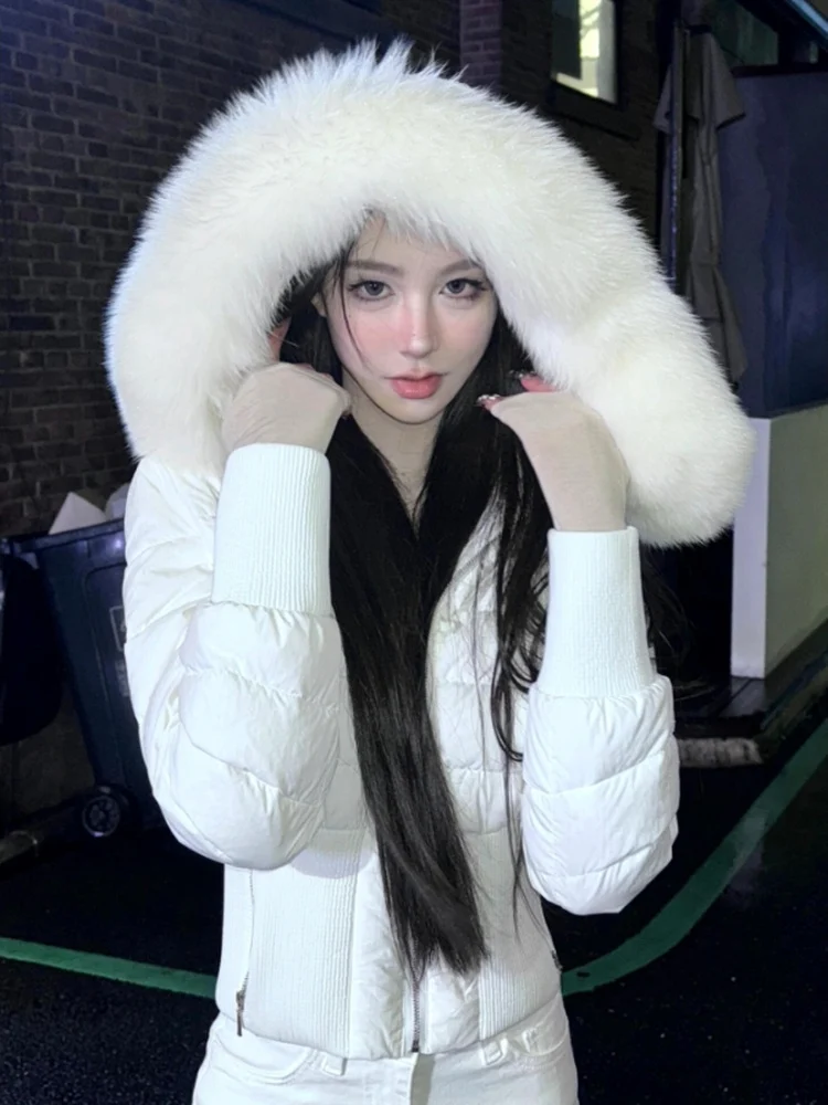 한국 스타일 여성용 흰색 면 재킷 겨울 신상 소형 사이즈 짧은 슬림핏 코트 후드 큰 털 칼라 일반 소매 길이