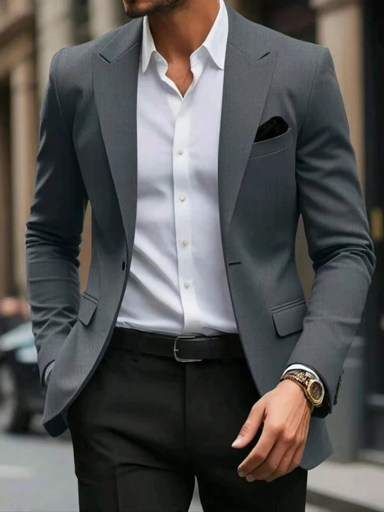 남성 블레이저 재킷 패션 캐주얼 단색 블레이저 회색 카키색 검정색 갈색 테일러드 핏 싱글 브레스티드 블레이저 재킷