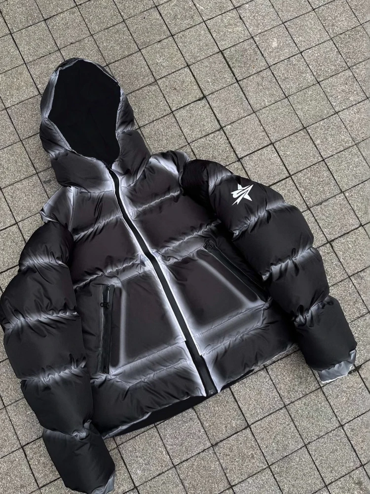 겨울 2025 하라주쿠 하이 스트리트 레트로 슈퍼 대형 지퍼 후드 따뜻한 재킷 남자 캐주얼 패션 Y2K 힙합 솔리드 컬러 루즈