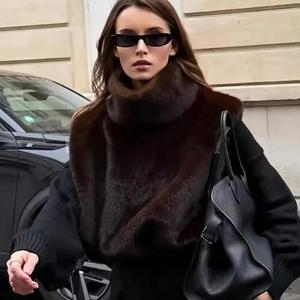 가을 겨울 터틀넥 에코 밍크 퍼 탱크탑 민소매 재킷 코트 신상 패션 인조 모피 세이블 조끼 크롭탑