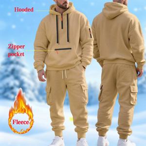 남성용 가을 겨울 헤비웨이트 플리스 캐주얼 스웨트셔츠 루즈 스포츠 멀티포켓 작업복 1/2 피스