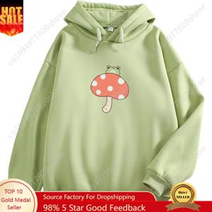 KEEVICI 여성용 귀여운 개구리 스웨트셔츠 카와이 버섯 후드티 십대 소녀들을 위한 감성적인 코티지코어 의류 여성 후드티