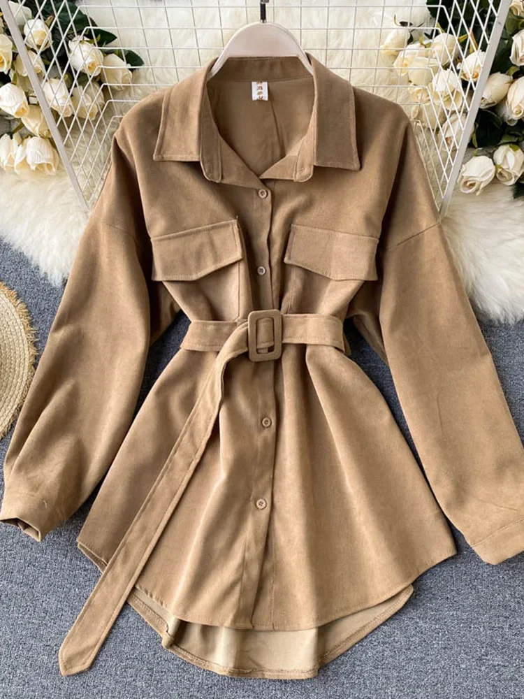 여성용 용수철 가을 셔츠, 레트로 카고 스타일 포켓, 긴팔 셔츠, 퍼프 슬리브 붕대, 니프 웨이스트 탑, PL438