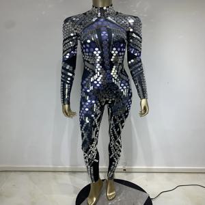 여성용 블랙 기하학적 스팽글 긴팔 신축성 타이트 점프수트, Y2K 바 나이트클럽 DJ 여성 가수 무대 공연 의류