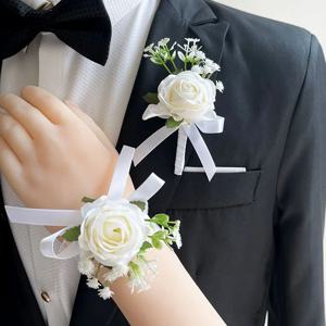 흰색 실크 장미 아기 호흡 Boutonniere 웨딩 액세서리 손목 코사지 팔찌 신부 들러리 인공 꽃 단추 구멍