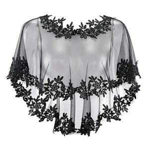 O-넥 레이스 짧은 소매 신부 결혼식 우아한 여성 케이프 여름 블랙 아플리케 Tulle Evening Prom Cape Cosplay Shawl