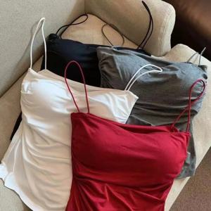 여성용 민소매 Pleated Slim Fit Vest 섹시한 뜨거운 소녀 얇은 어깨 끈이있는 짧은 탑 솔리드 컬러 Simple Fashion Vest