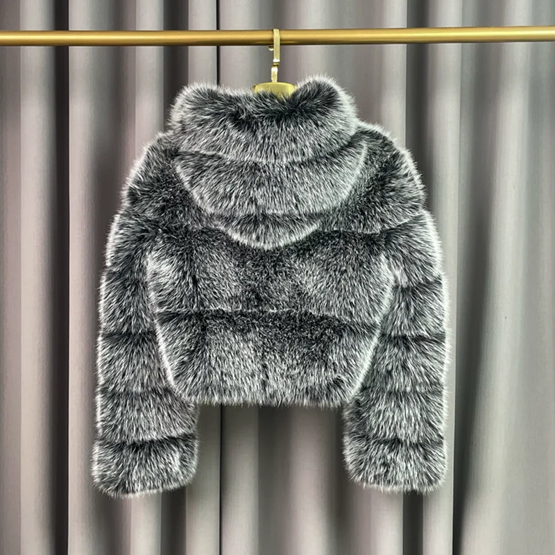 여성용 따뜻한 가짜 여우 모피 재킷, 짧은 패션 후드 인조 여우 모피 코트, 하이 퀄리티 크롭 모피 코트, 블랙, 겨울