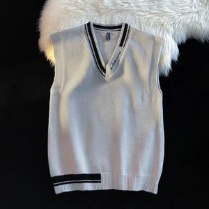 남자 고품질 v 넥 민소매 니트 스웨터 조끼 색상 차단 늑골이있는 디자인 간단한 자연 유행 캐주얼 조끼