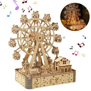 LED 빛으로 관람차 뮤직 박스 모델 3D 나무 퍼즐 DIY 조립 빌딩 키트 홈 인테리어 공예 성인 어린이 선물