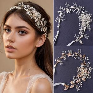 AiliBride 트렌디 골드 진주 크리스탈 웨딩 머리띠 신부 헤어 밴드 티아라 헤어 쥬얼리 여성 웨딩 헤어 장식품 수제