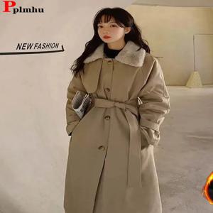 Lambwool Lined Long Parka Jacket 겨울 울 라이너 푹신한 벨트 Parca Chaquetas 인조 모피 칼라 Thicken Snow Wear Jaquetas