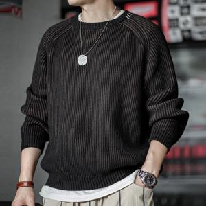 Maden 빈티지 세로 줄무늬 니트 스웨터 라운드 넥 남성용 가을, 겨울 다목적 풀오버를위한 두꺼운 따뜻한 기본 레이어