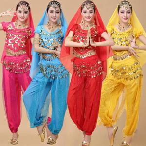여성용 샤이니 밸리 댄스 의상, 스팽글 상의 및 바지 코스튬 세트, 레이디 오리엔탈 인디언 댄스 아라비아 공주 의상 세트