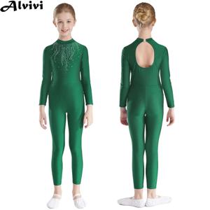 여아용 반짝이는 라인스톤 체조 점프수트, 긴 소매 댄스 레오타드, 발레 피겨 스케이팅 곡예 요가 공연