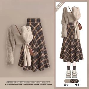 플러스 사이즈 여성용 봄 하이웨이스트 A라인 스커트 니트 가디건 캐미솔 체크무늬 3피스 세트 슬림핏 패션 세트