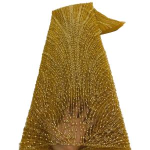 고품질 아프리카 골드 수제 페르시 레이스 Fabirc 2025 바느질 장식 조각 자수 Nigreian 레이스 패브릭 여성 웨딩 드레스