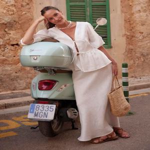 Wolfeel 여성용 100% 코튼 v 넥 레이스 업 반팔 스커트 세트 여름 버블 슬리브 셔츠 롱 스커트 루즈 캐주얼 슈트