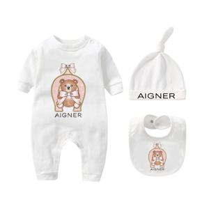 귀여운 곰 점프수트, 신생아 옷, 가을 새로운 스타일, 아동 점프수트, 모자, 턱받이, 스카프 세트, 여아 긴팔 점프수트