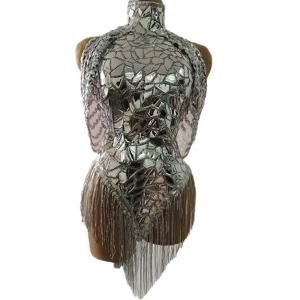 섹시한 차차 복장 갈라 드레스와 나이트 클럽 생일 파티 및 라틴 댄스 무대 공연을위한 매력적인 실버 미러 드레스