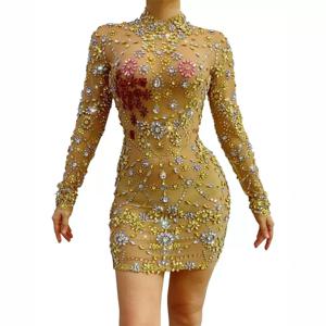 2025새 모델 패션 다이아몬드 펄 메쉬 드레스 - 무대 공연 및 생일 파티를 위한 슬림핏 짧은 이브닝 가운(123자)