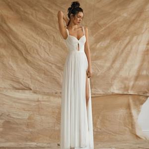 Boho 보헤미안 홀 웨딩 드레스 쉬폰 a 라인 웨딩 파티 드레스 아이보리 아가 플리츠 할로우 사이드 스플릿 댄스 파티 드레스 롱