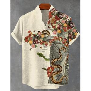 2025 새로운 리넨 편안한 통기성 패브릭 반팔 탑 포레스트 아트 프린트 남성 셔츠 아트 애호가 의류 Erkek Kiyafetleri