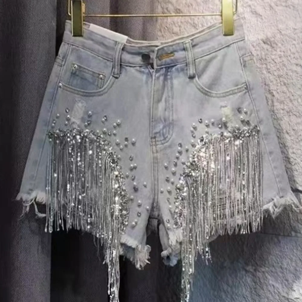 데님 반바지 여름 찢어진 바지 새로운 하이 웨이스트 슬리밍 중공업 스팽글 프린지 핫 팬츠 트렌디 청바지