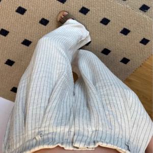 하이웨이스트 와이드 레그 팬츠 여성 여름 얇은 면 린넨 스트라이프 루즈핏 바닥 길이 캐주얼 바지 슬리밍 효과