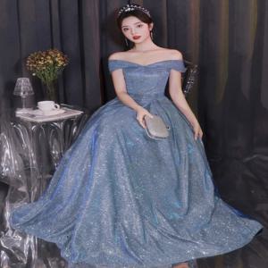 우아한 롱 원숄더 합창 지휘자 이브닝 가운 스타리 스카이 신상 2025 여성 드레스 웨딩 파티 공연용