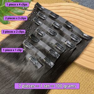 스트레이트 PU 클립인 헤어 익스텐션 100% 인모 내추럴 블랙 100g/세트 7피스 심리스 인비저블 PU 웨프트 여성용