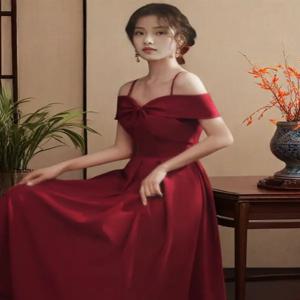 우아한 레드 웨딩 드레스 원 숄더 스트랩 신부 가운 여성용 짧은 소매 롱 A라인 스커트 정장 파티 이브닝 드레스