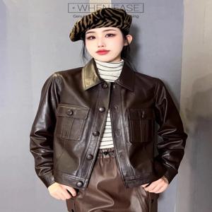 빈티지 여성 슬림 피트 진짜 양피 코트 싱글 브레스트 옷깃 칼라 펑크 스타일 정품 가죽 자켓 가을 캐주얼 아웃웨어