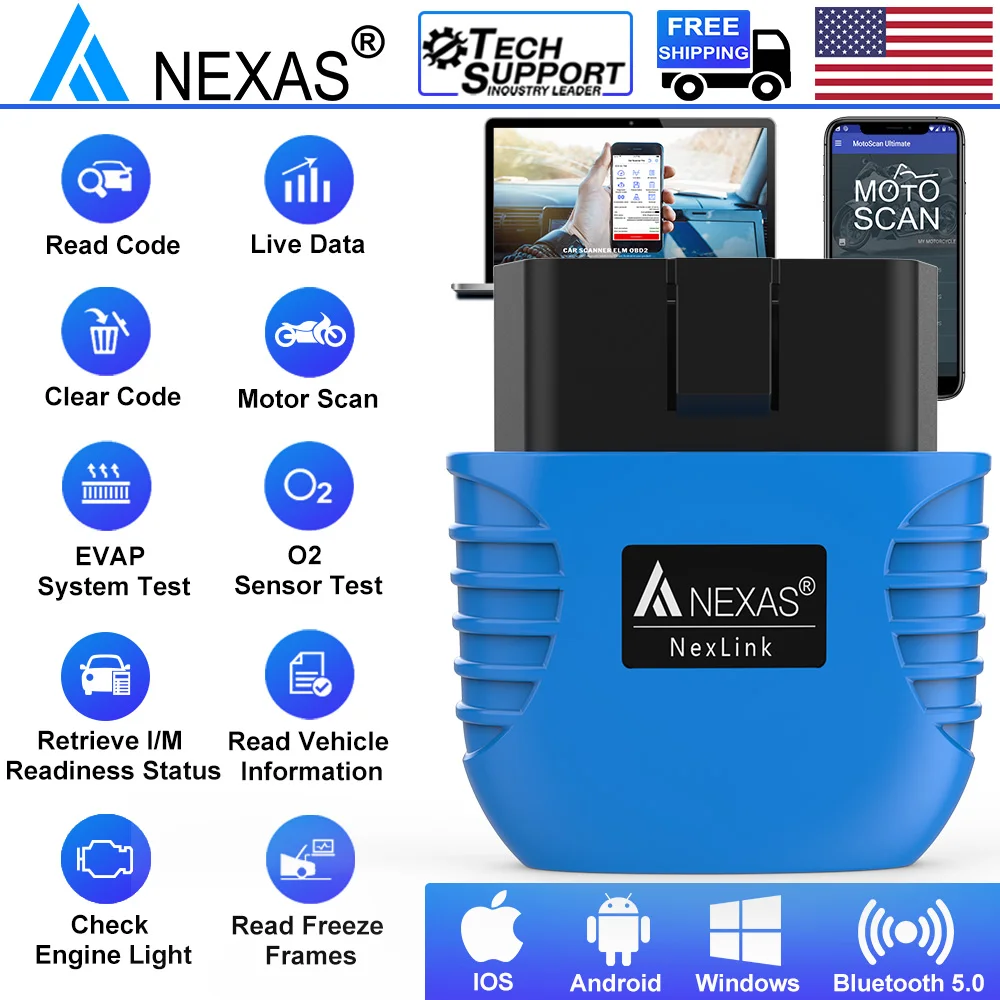 NEXAS 블루투스 5.0 OBD2 EOBD 오토바이 진단 스캐너 (iOS, 안드로이드, 윈도우용) 고장 코드 리더 진단 스캔 도구