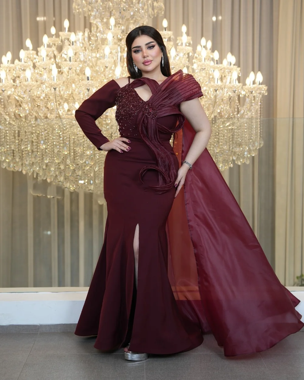 맞춤형 고품질 절묘한 저지 구슬 장식 셔링 인어 오프 숄더 롱 드레스 맞춤형 행사 드레스 공식