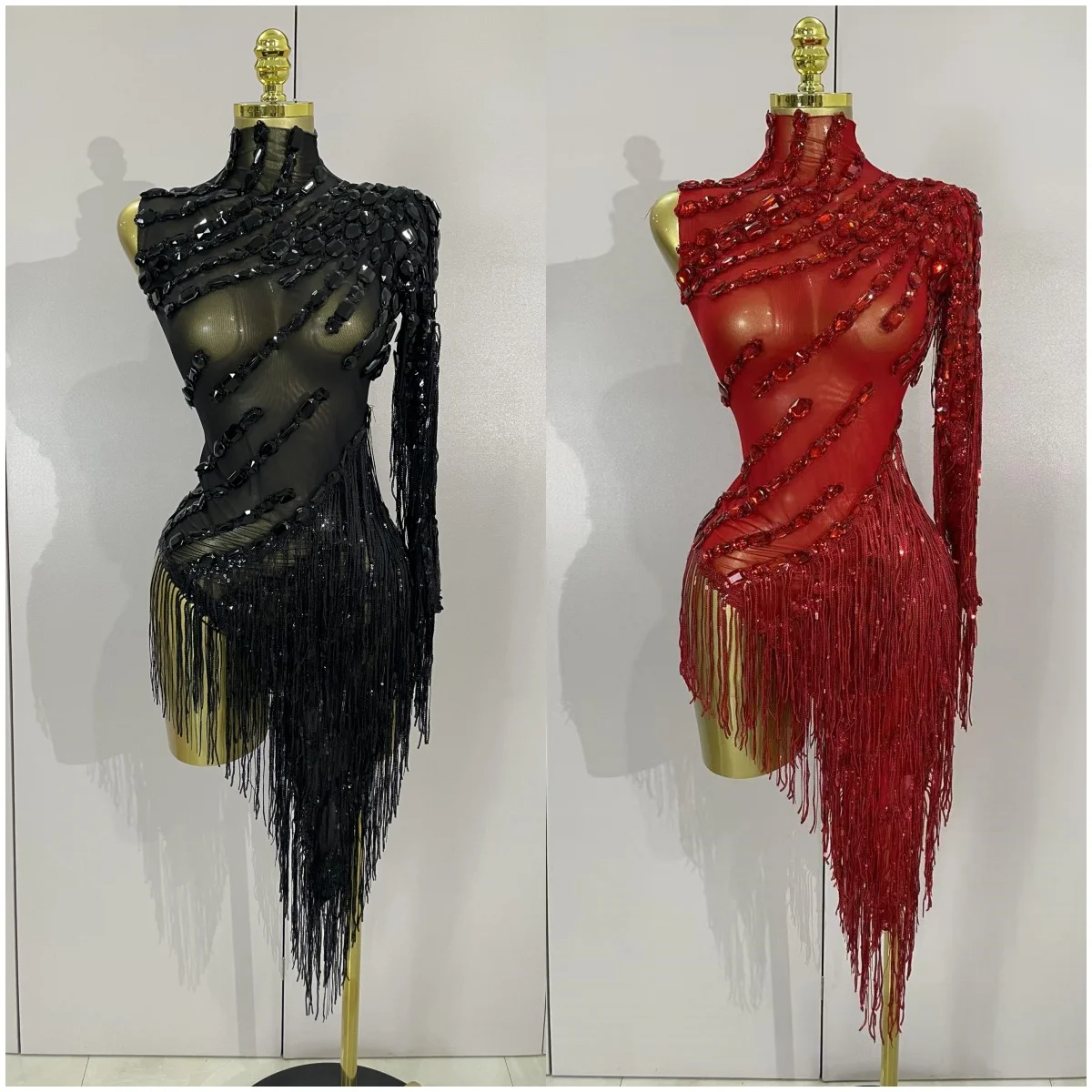 반짝 이는 라인 석 Tassel 섹시한 시스루 드레스 여성 한 어깨 라틴 댄스 의상 바 나이트 클럽 파티 무대 의상