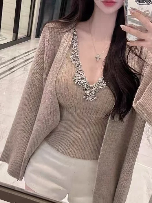 한국 스타일 섹시한 스팽글 스트랩 베스트 여성 이너웨어 탑+니트 가디건 코트 가을 투피스 세트 패셔너블 루즈핏