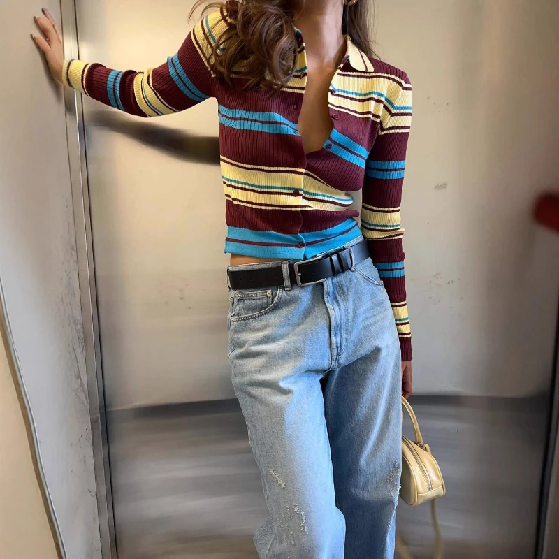 2025년 가을 스트라이프 가디건 긴팔 싱글 버튼 스웨터 레트로 슬림 스트라이프 여성 티셔츠
