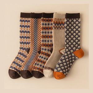 가을 겨울 면 양말 여성용 중간 길이 이중 바늘 이중 띠 레트로 웨이브 롱 튜브 양말 보온 양말