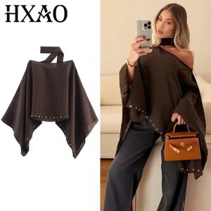 HXAO 여성용 판초 브라운 스카프 망토 여름 가을 2025 여성 우아한 플러스 사이즈 리벳 시어 케이프 Y2K 스트리트웨어 플래퍼 숄