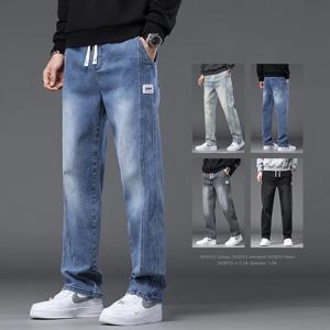 가을 겨울 블루 진 남성 드로스트링 엘라스틱 웨이스트 코튼 카고 데님 팬츠 작업복 패션 두꺼운 바지 남성 플러스 사이즈 M-4XL