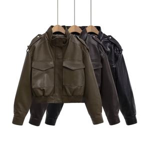 UNIZERA2025 가을 신상 여성 레트로 대형 포켓 작업복 지퍼 스탠드 칼라 인조 가죽 루즈핏 긴팔 숏 재킷