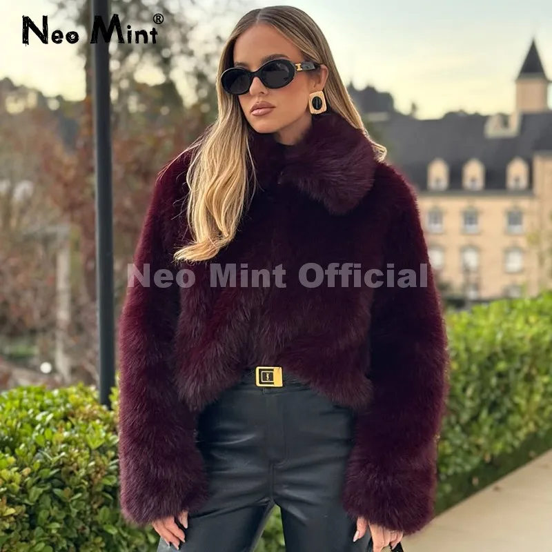 네오 민트 인스 블로거 브랜드 패션 버건디 오브세션 인조 모피 코트 여성 겨울 2025 빈티지 브라운 폭스 퍼 재킷 따뜻한 오버코트