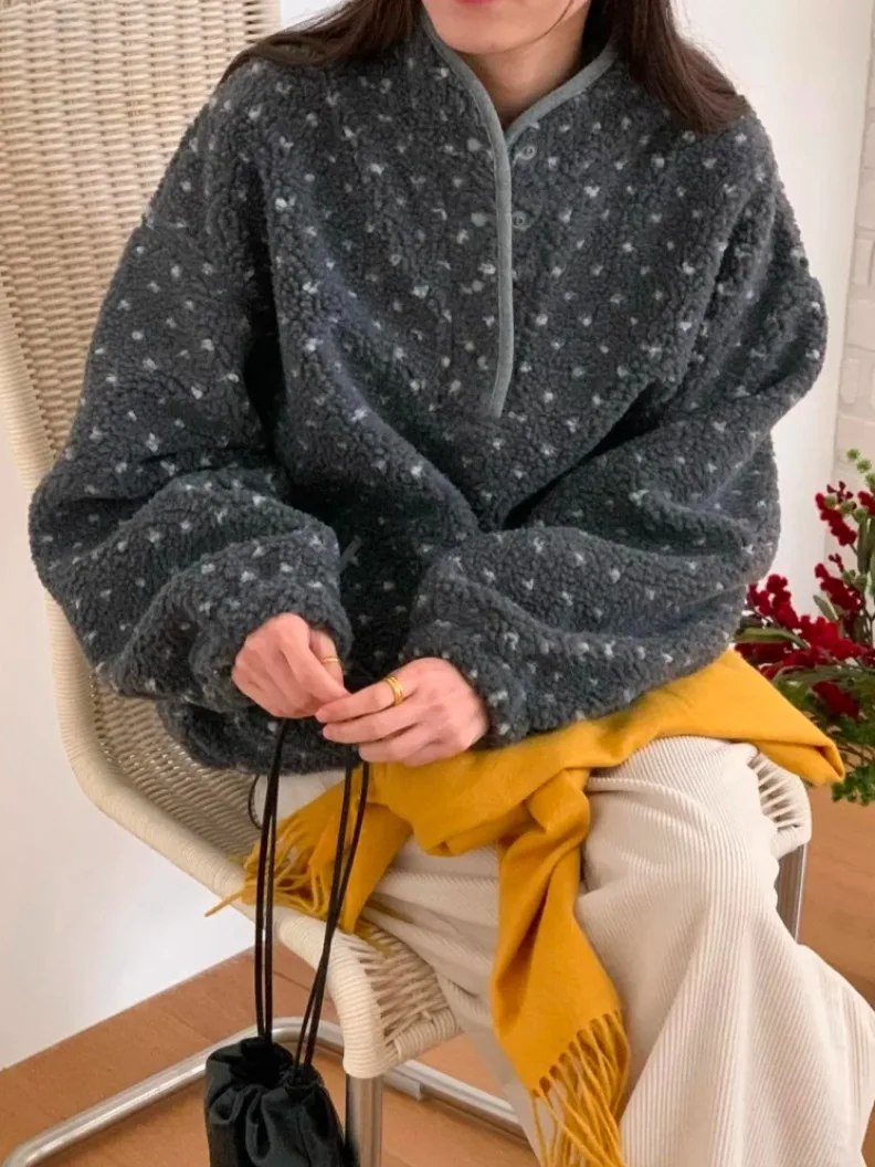 한국 스타일 긴 소매 후드 재킷 여성용 양털 하트 따뜻한 캐주얼 루즈 디자인 감성적인 레이지 스타일 탑