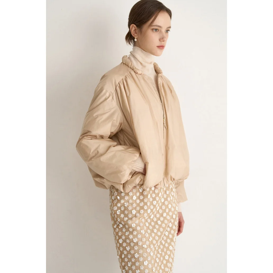 한국 스타일 숏 구스 다운 재킷 라운드 넥 플리츠 드로스트링 출퇴근용 루즈 두꺼운 내구성 여성 겨울 코트